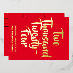 Red Cheers to 2024, red ribbon Foil Holiday Card