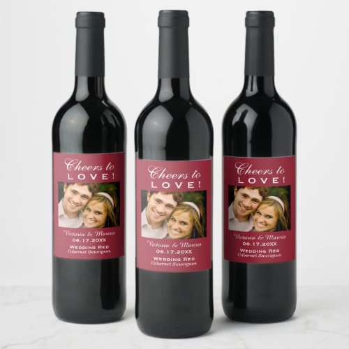 Red Cheers to Love Wedding Photo Bottle Favor Wine Label