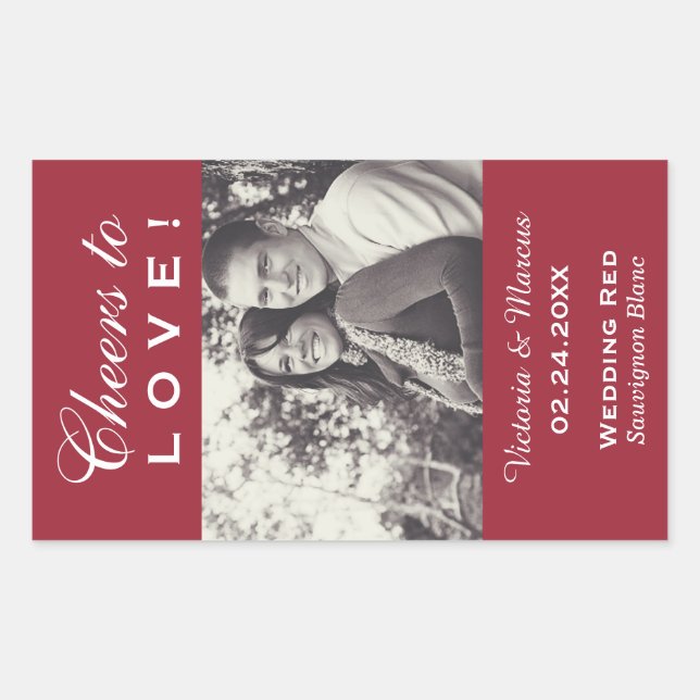 Red Cheers to Love Wedding Photo Wine Bottle Favor Rectangular Sticker (Front)