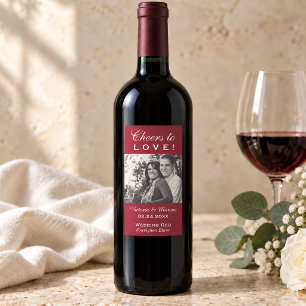 Red Cheers to Love Wedding Photo Wine Bottle Favor Rectangular Sticker