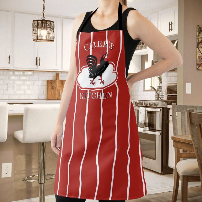 Red Chef's Kitchen Rooster Striped Apron (Apron featuring a simple red and white striped design with a rooster on a cloud )