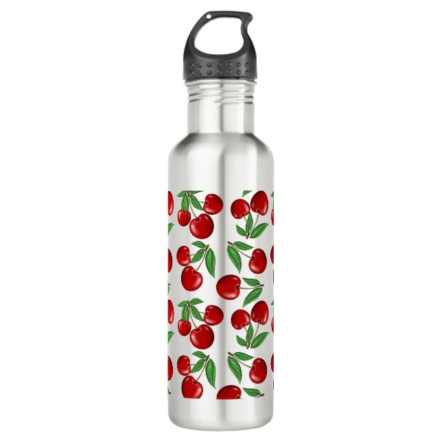 Red Cherries All Over Pattern Stainless Steel Water Bottle (Front)