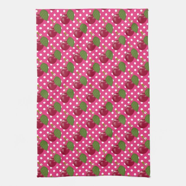 Red Cherries and Dots Pattern Cute Kitchen Towel (Vertical)