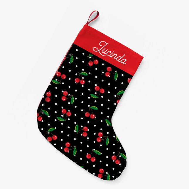 Red Cherries and Polka Dots Retro 1950s Black Small Christmas Stocking (Front (Hanging))