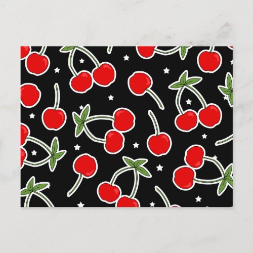 Red Cherries and Stars Pattern Postcard
