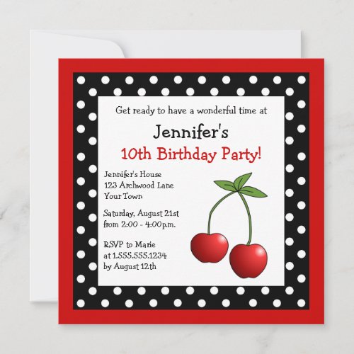 Red Cherries Birthday Black  White Polka Dots Invitation