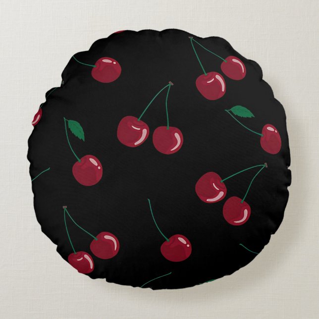 Red Cherries Black Round Accent Pillow (Front)