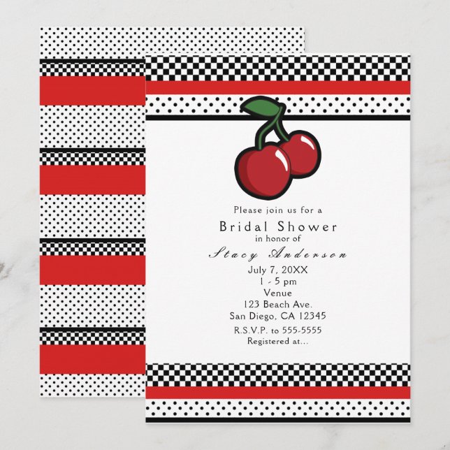 Red Cherries Black White & Red Invitations (Front/Back)