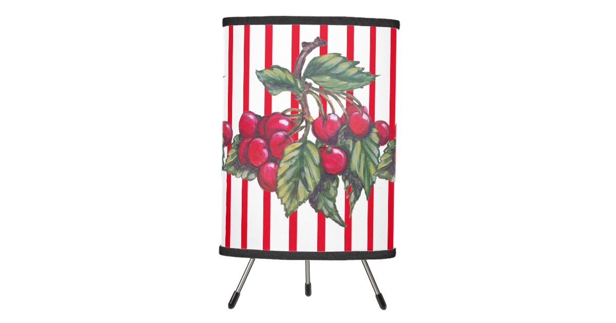 Red Cherries Cherry Stripes Retro Vintage Kitchen Tripod Lamp
