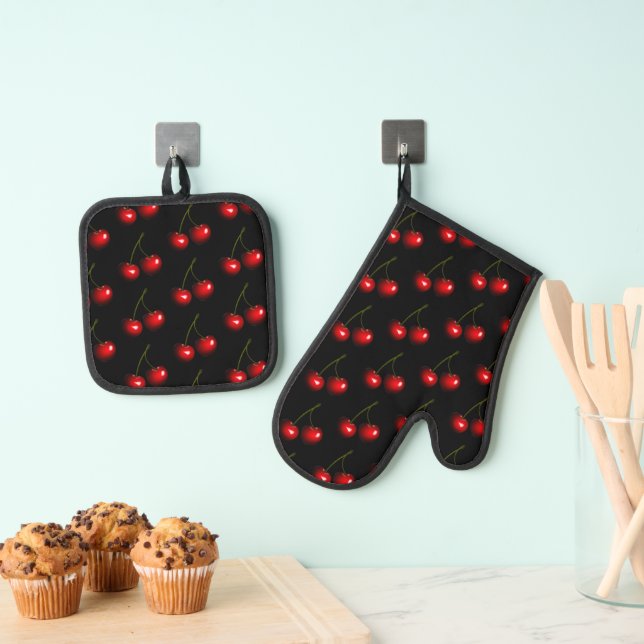 Red Cherries Custom Color Oven Mitt & Pot Holder Set (Insitu(Hanging))