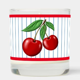 Red Cherries Design on Blue Stripes