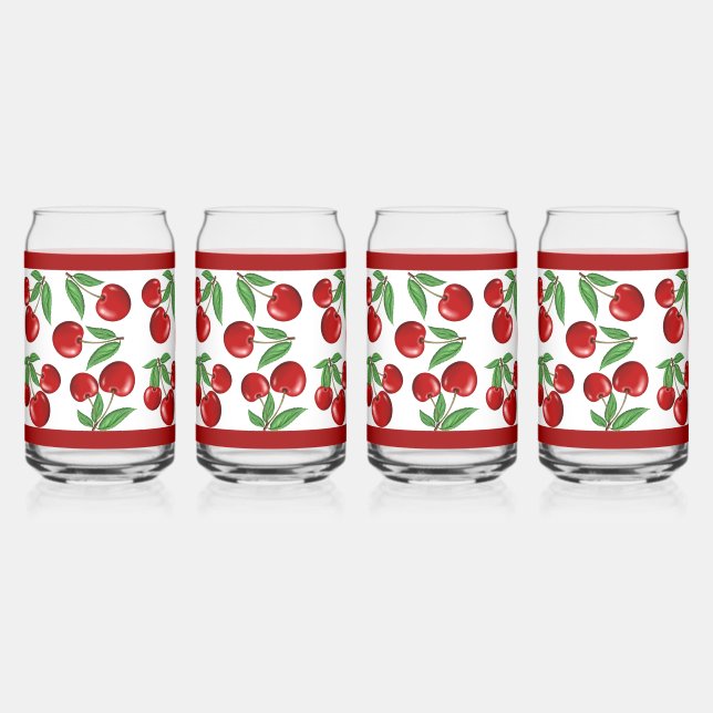 Red Cherries Fruit All Over Pattern Can Glass (Front)