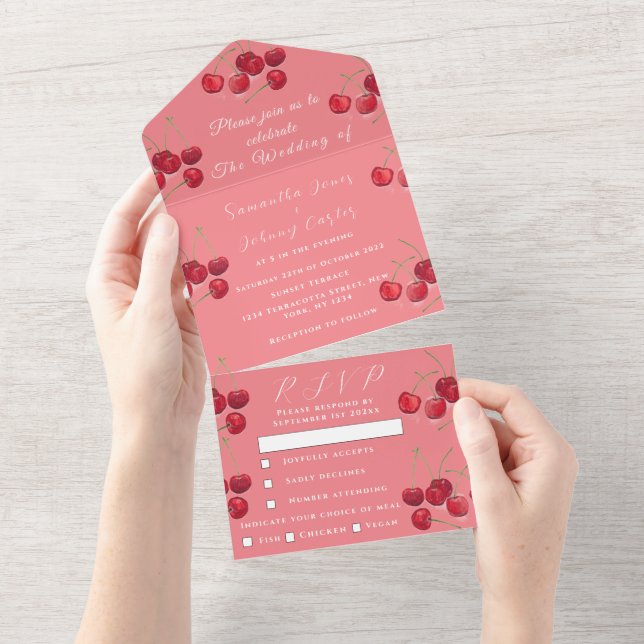Red Cherries Fruit Elegant Rustic Wedding  All In One Invitation (Tearaway)