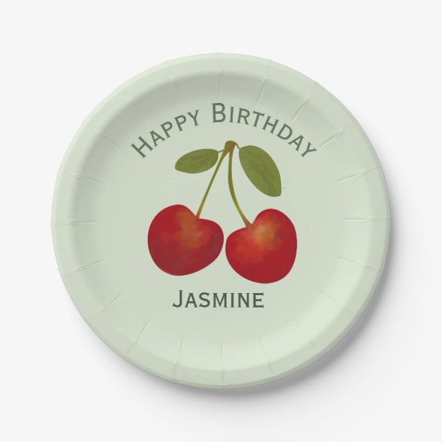 Red cherries fruit, happy birthday paper plates (Front)