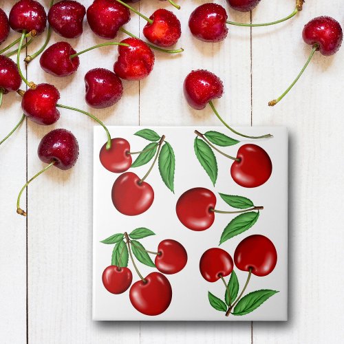 Red Cherries Fruit Pattern Ceramic Tile