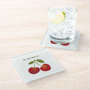 Red cherries fruit personalize name glass coaster