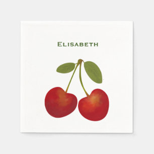 Red cherries fruit personalize name napkins