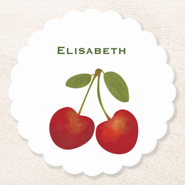 Red cherries fruit personalize name paper coaster (Front)