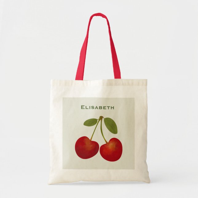 Red cherries fruit personalize name tote bag (Front)