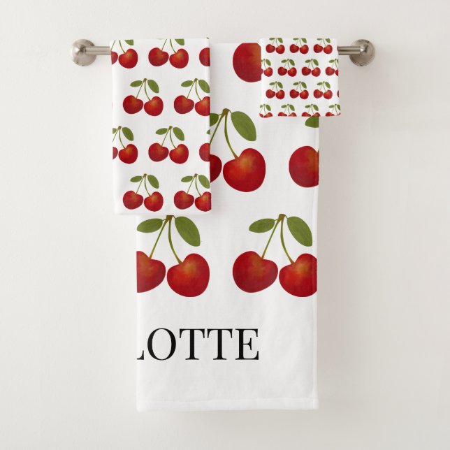 Red Cherries Fruit Personalized Name Bath Towel Set (Insitu)