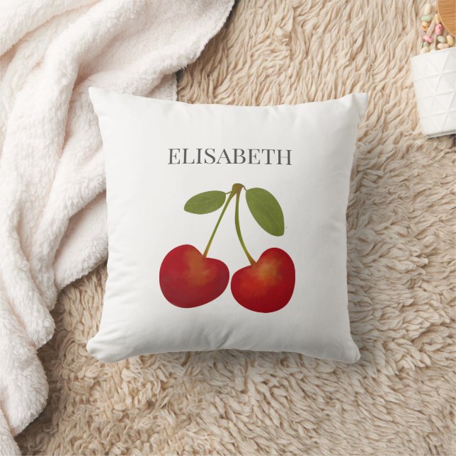 Red Cherries Fruit Personalized Name Throw Pillow (Blanket)