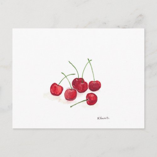 Red cherries fruit Watercolor Food Summer Rustic Postcard