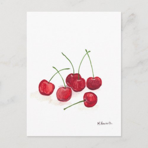 Red cherries fruit watercolor foodie food vegan postcard