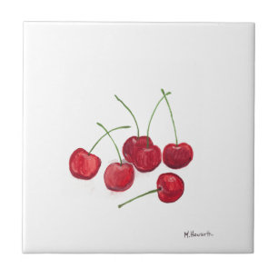 Red cherries fruit watercolor foodie vegan food ceramic tile