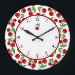 Red Cherries Graphic All Over Pattern Large Clock<br><div class="desc">Original graphic painting of fresh juicy bright red cherries. Goes great with retro, vintage, rockabilly, kitchy, 1940's, 1950's, farmhouse, midcentury modern themes. Fun print for kitchen, bedroom, bathroom items or cute clothes. All Artellus designs are original artworks created and copyrighted by Artellus and contain a hidden signature. Do not copy....</div>