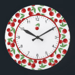 Red Cherries Graphic All Over Pattern Large Clock<br><div class="desc">Original graphic painting of fresh juicy bright red cherries. Goes great with retro, vintage, rockabilly, kitchy, 1940's, 1950's, farmhouse, midcentury modern themes. Fun print for kitchen, bedroom, bathroom items or cute clothes. All Artellus designs are original artworks created and copyrighted by Artellus and contain a hidden signature. Do not copy....</div>