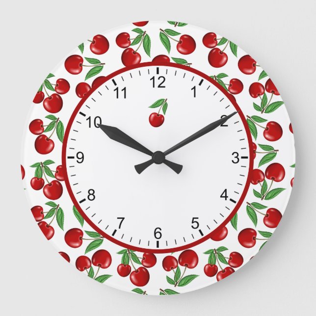 Red Cherries Graphic All Over Pattern Large Clock (Front)
