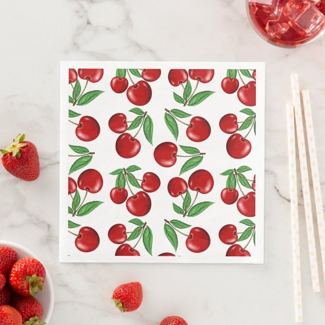 Red Cherries Graphic All Over Pattern Paper Dinner Napkins (Insitu)