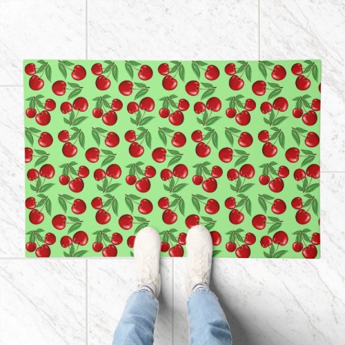 Red Cherries Graphic Pattern on Green  Doormat
