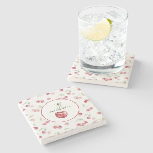 Red Cherries Green Leaves Stone Coaster