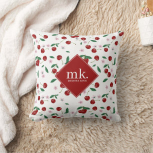 Red Cherries Greenery & Cherry Blossoms Monogram Throw Pillow