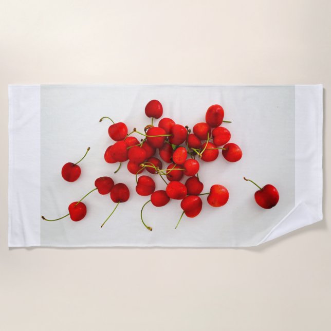 Red Cherries in Natural Light Lay on White Beach Towel (Front)