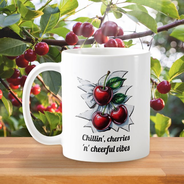 Red Cherries 'n' Cheerful Vibes Trendy Monogrammed Coffee Mug (A cute mug with cherries picture in a street art style, and monogram on the back)