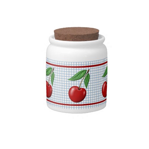 Red Cherries on Blue Checked Candy Jar