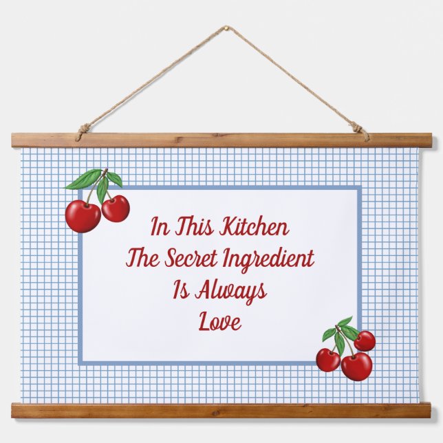 Red Cherries on Blue Checked Kitchen Hanging Tapestry (Front)