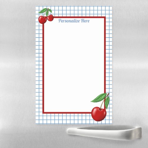 Red Cherries on Blue Checked Pattern Personalized Magnetic Dry Erase Sheet