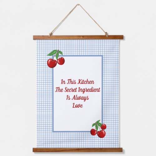 Red Cherries on Blue Checked Print Kitchen Hanging Tapestry