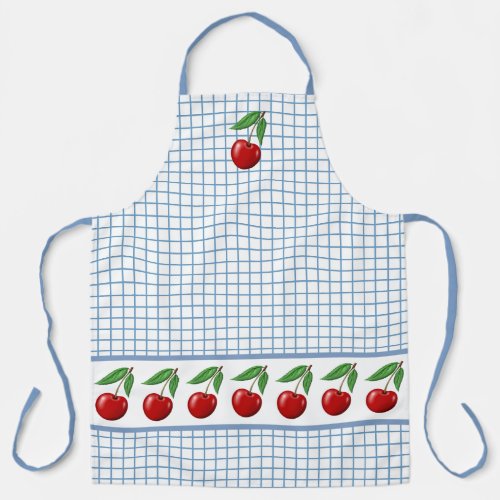 Red Cherries on Blue Checkered Graphic Pattern Apron