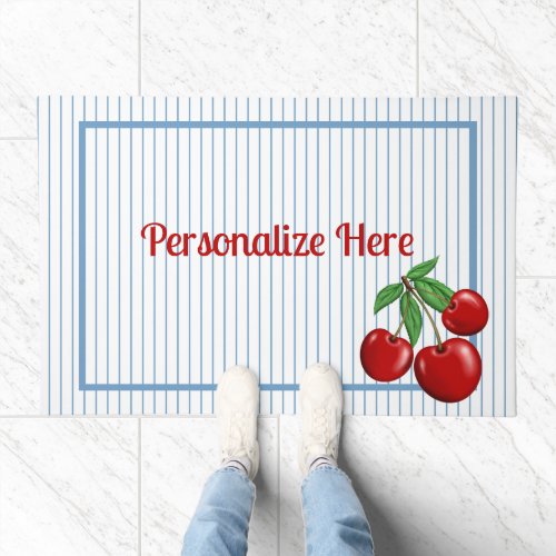 Red Cherries on Blue Stripe Personalized Floor Mat