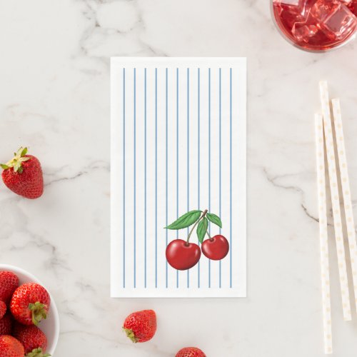 Red Cherries on Blue Stripes Fun Retro Design Paper Guest Towels
