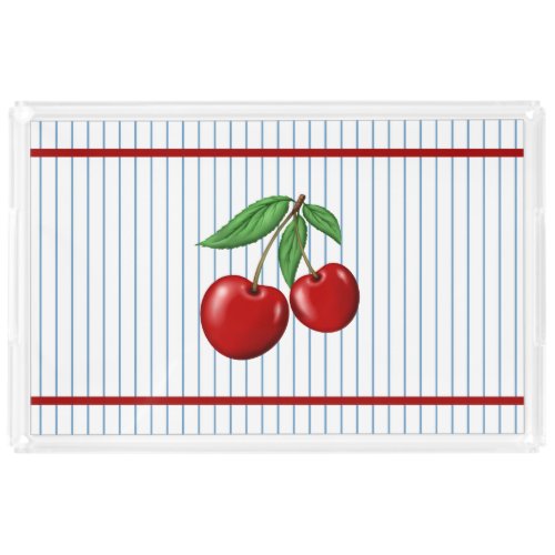 Red Cherries on Blue Stripes Graphic Pattern Acrylic Tray