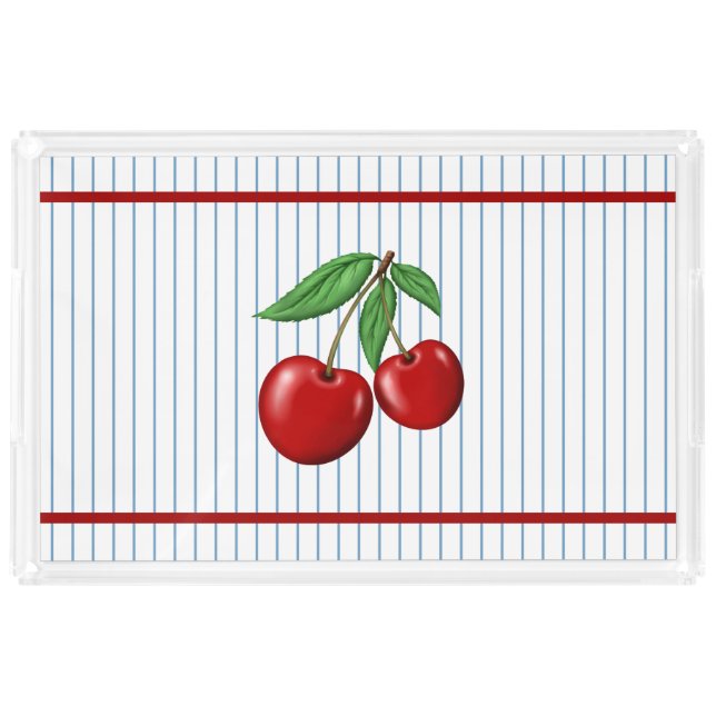 Red Cherries on Blue Stripes Graphic Pattern Acrylic Tray (Front)