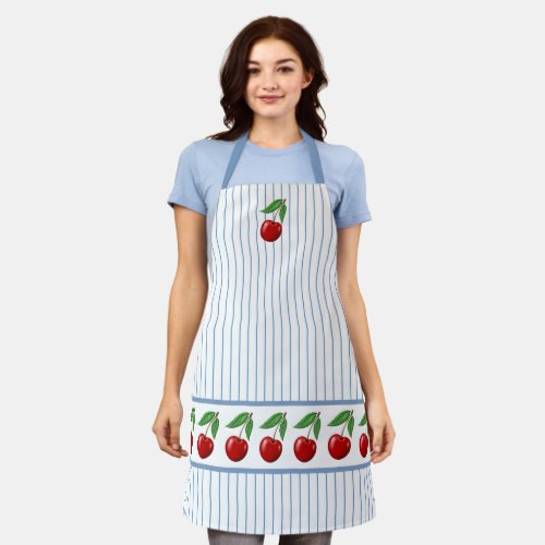 Red Cherries on Blue Stripes Graphic Pattern Apron