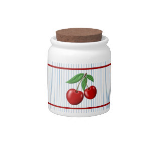Red Cherries on Blue Stripes Graphic Pattern Candy Jar