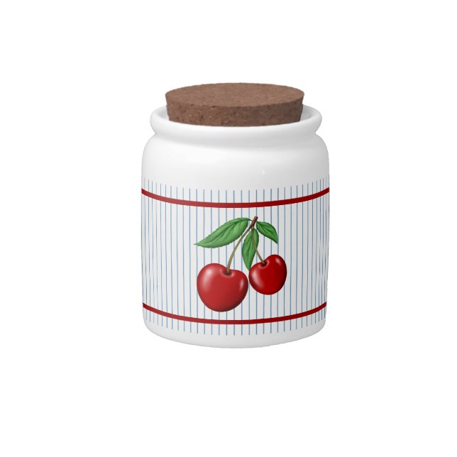 Red Cherries on Blue Stripes Graphic Pattern Candy Jar (Front)