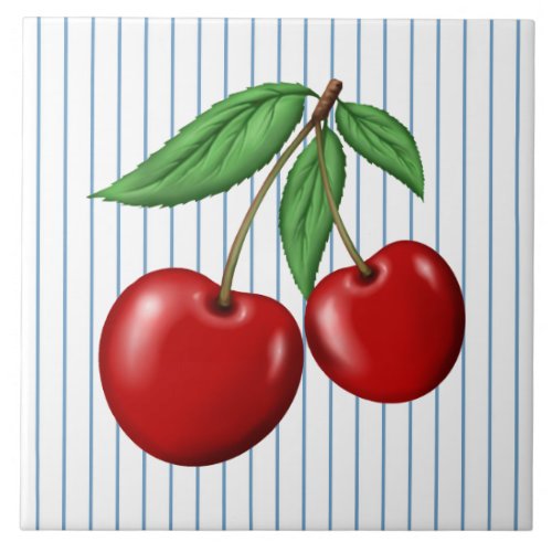 Red Cherries on Blue Stripes Graphic Pattern Ceramic Tile